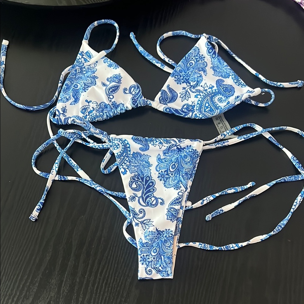 Blue and White Paisley Bikini Set